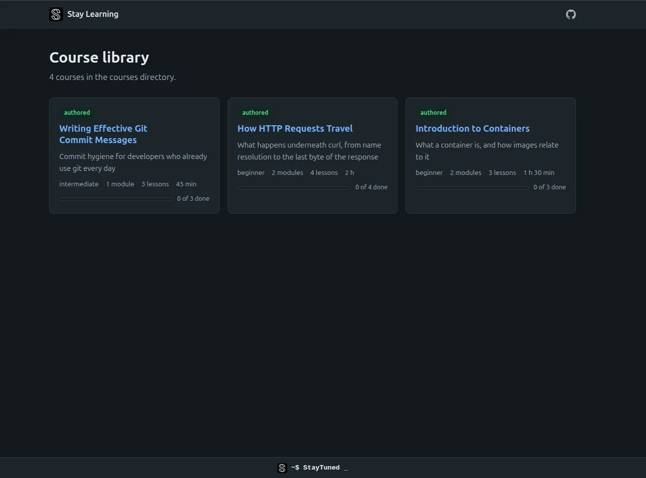 The course library in the web viewer, listing four generated courses with their module and lesson counts, difficulty, estimated duration, and a per-course completion bar.